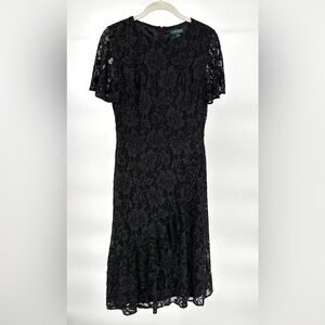 Lauren‎ Ralph Lauren Black Lace Swiss Dot Midi Dress Sz 2 Ruffle Feminine A-Line
